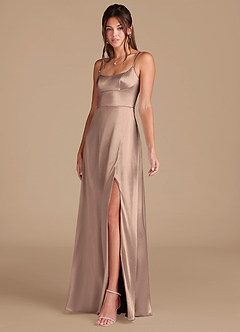 Azazie Halsey Bridesmaid Dresses Taupe A-Line Side Slit Metallic Satin Dress image4