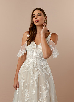 Azazie Ada At-home Try On Dresses Diamond White Nude A-Line V-Neck lace Tulle Dress image5