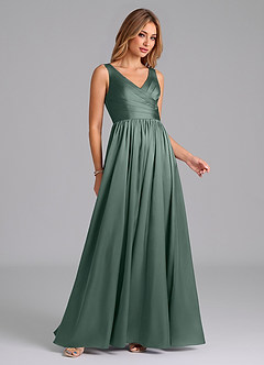 Azazie Keyla 신부 들러리 드레스 A라인 주름진 스트레치 새틴 바닥 길이 드레스 image5