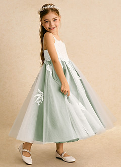 Azazie Coraline Blumenmädchenkleider A-Linie Spitze Kleid Elfenbein Staubiger Salbei image5