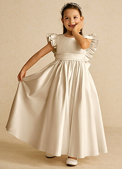 Azazie Piglette Flower Girl Dresses Champagne A-Line Bow Matte Satin Dress image6