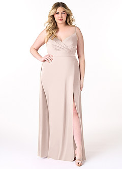 Azazie Dalilah Robes de demoiselle d'honneur Robe Trapèze en Satin extensible Col V plissé Rose Pâle image6