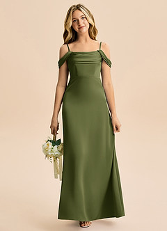 Azazie Lettie Junior A-Line Off-Shoulder Stræk satin Gulv-længde Junior brudepige Kjole image2