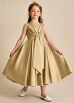 Azazie Lady vestidos de niña de las flores Vestido de Oro de Satin Mate de Corte En A con Plisado image3