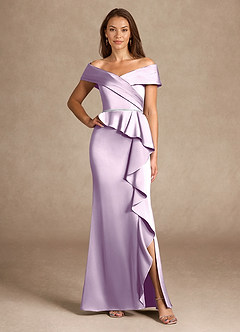Azazie Dareia Mother of the Bride Dresses Frosted Lilac Mermaid Off the Shoulder Stretch Satin Dress image3