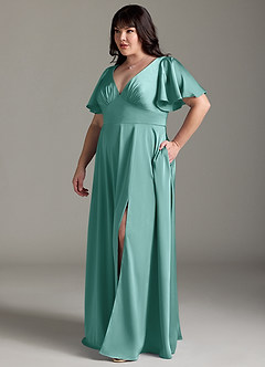 Azazie Kimber Bridesmaid Dresses Aqua A-Line Ruched Stretch Satin Dress image10