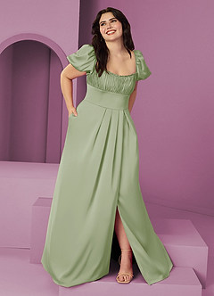 Barbie ♥ Azazie Bridesmaid Dresses Dusty Sage A-Line Ruched Stretch Satin Dress image7