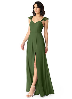 Azazie Everett Bridesmaid Dresses Olive A-Line V-neck Ruched Chiffon Dress image3