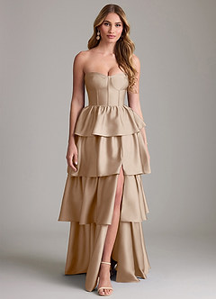 Azazie Faye Bridesmaid Dresses Taupe A-Line Ruched Stretch Satin Dress image1