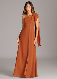 Azazie Tella Vestidos de damas de honor Vestido de Canela de Gasa de Corte en A con Hombro unilateral image2