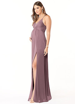 Azazie Annabelle At-home Try On Dresses A-Line V-Neck Pleated Mesh Floor-Length Dress image3