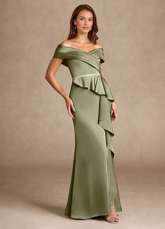 Azazie Dareia Moeder van de bruid jurken Zeemeermin Jurk van Stretch Satijn Off the Shoulder Pistache image4