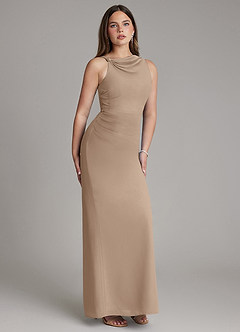 Azazie Charice Bridesmaid Dresses Taupe Sheath Pleated Chiffon Dress image4