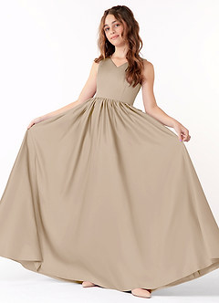 Azazie Hathaway Junior Taupe A-Line Bow Matte Satin Dress image1