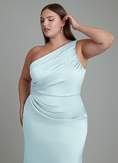 Azazie Akilah Bridesmaid Dresses Cloud Blue Mermaid One Shoulder Stretch Satin Dress image13