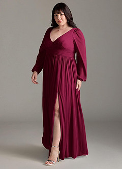 Azazie Norah Robes de demoiselle d'honneur Robe Trapèze en Mousseline de soie Col en V, manches longues Bourgogne image11