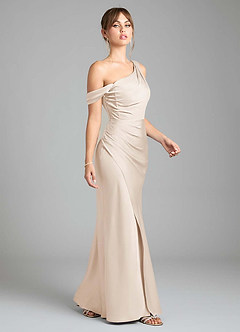 Azazie Madelyn Robes de demoiselle d'honneur Robe Sirène Convertible en Satin extensible Une épaule Albâtre Blanc image12