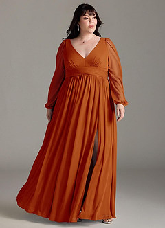 Azazie Norah Bridesmaid Dresses Paprika A-Line V-Neck Long Sleeve Chiffon Dress image6