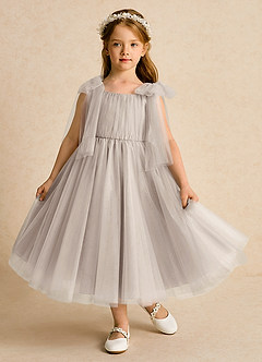 Azazie Dori Robe Demoiselle D'honneur Fillette Robe Trapèze en Tulle Rayé Givre image2