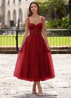 Zosia Red Lace A-line Lace Up Back Midi Dress image5