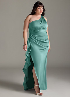 Azazie Latrice Robes de demoiselle d'honneur Robe Fourreau en Satin extensible Volants en cascade à une épaule Aqua image9