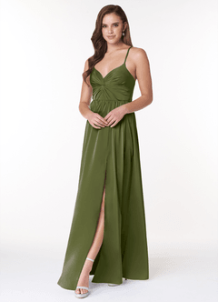Azazie Raya Bridesmaid Dresses Olive A-Line V-Neck Pleated Stretch Satin Dress image3