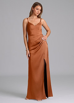 Azazie Leo Final Sale Copper Sheath Pleated Stretch Satin Dress image5