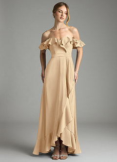 Azazie Lyra Bridesmaid Dresses Champagne A-Line Off the Shoulder Stretch Satin Convertible Dress image1