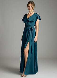 Azazie Lainey Bridesmaid Dresses Ink Blue A-Line with Pockets Stretch Satin Dress image4