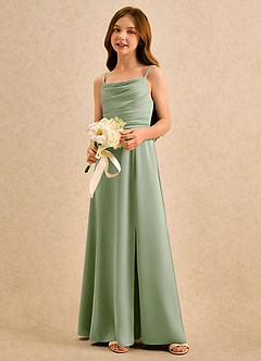 Azazie Chamomile Girls Formal Sukienki dla dziewczynek sypiących kwiaty Linia A Pofałdowany Satyna elastyczna Długość podłogi Sukienka image3