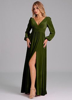 Azazie Norah Robes de demoiselle d'honneur Robe Trapèze en velours Manche longue Olive image4