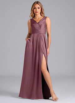 Azazie Karina Bridesmaid Dresses Amethyst A-Line Pleated Stretch Satin Dress image1