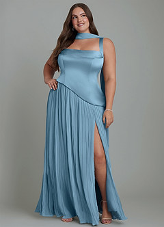 Azazie Stephanie Bridesmaid Dresses Steel Blue A-Line Pleated Stretch Satin Dress image15