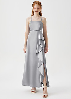 Azazie Kaylee Junior Silver A-Line with Belt Metallic Satin Dress image5
