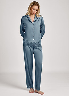 front Conjunto de pijama de manga larga con ribete de encaje satinado