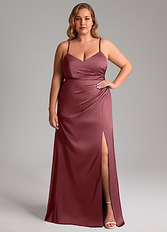 Azazie Azuree Vestidos de damas de honor Vestido de Rosa Del Desierto de Satén Elástico de Corte en A con Plisado image3