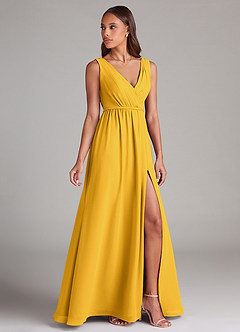 Azazie Tanicia Bridesmaid Dresses Marigold A-Line Pleated Chiffon Dress image3