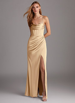 Azazie Brookelle Bridesmaid Dresses Champagne Sheath Sweetheart Corset Stretch Satin Dress image2