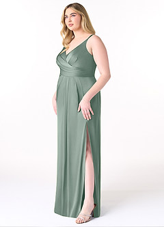 Azazie Aqua Robes de demoiselle d'honneur Robe Trapèze en Satin extensible Col V plissé Sauge D'argent image10
