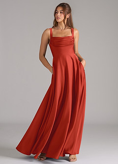 Azazie Shaude Bridesmaid Dresses Rust A-Line Pleated Stretch Satin Dress image3