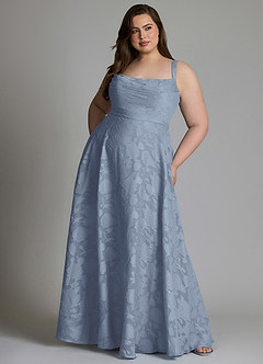 Azazie Shaude Bridesmaid Dresses Dusty Blue A-Line Pleated Floral Burnout Dress image11
