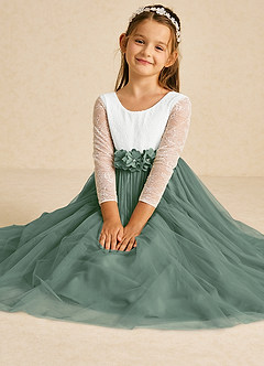 Azazie Mae Flower Girl Dresses Ivory Eucalyptus A-Line Bow Tulle Dress image1