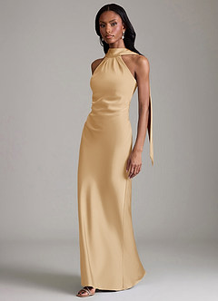 Azazie Cassiana Jurken voor bruidsmeisjes Jurk van Stretch Satijn met Zeemeermin Geplooid Goud image5