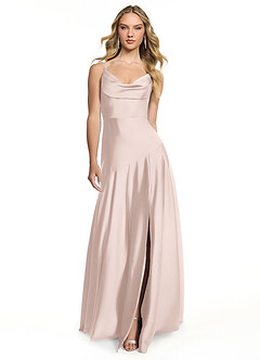 Azazie Kayla Bridesmaid Dresses Blushing Pink Sheath Side Slit Stretch Satin Dress image1