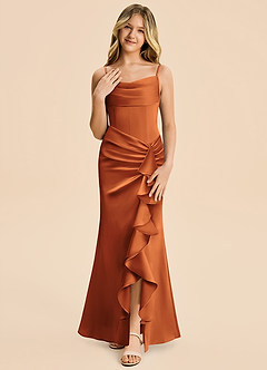 Azazie Rosalia Junior Cinnamon Sheath Pleated Stretch Satin Dress image5