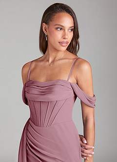 Azazie Amyra Bridesmaid Dresses Vintage Mauve Sheath Off the Shoulder Chiffon Convertible Dress image6