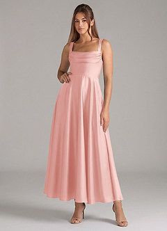 Azazie Shaude Bridesmaid Dresses Powder Pink A-Line Pleated Stretch Satin Dress image1