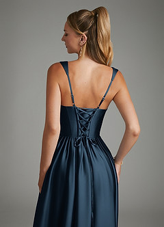 Azazie Nevaeh Bridesmaid Dresses Dark Navy A-Line Corset Stretch Satin Dress image7