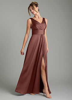 Azazie Karina Bridesmaid Dresses Espresso A-Line Pleated Stretch Satin Dress image4