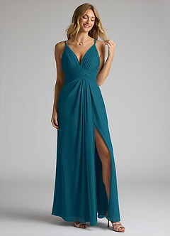 Azazie Maren Allure Brautjungfernkleider A-Linie V-Hals Spitze Chiffon Kleid Tintenblau image3